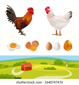 Agriculture Set. Realistic Rooster, Hen, Farm Landscape, Eggs. Vector Illustration. Farm.
