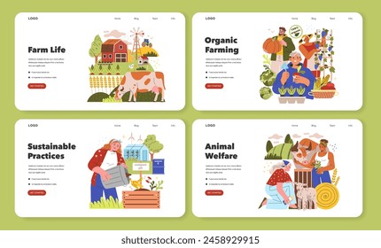 Agriculture set. Rural barn and livestock, organic produce farming, eco-friendly planting, and compassionate animal care. Vector illustration.