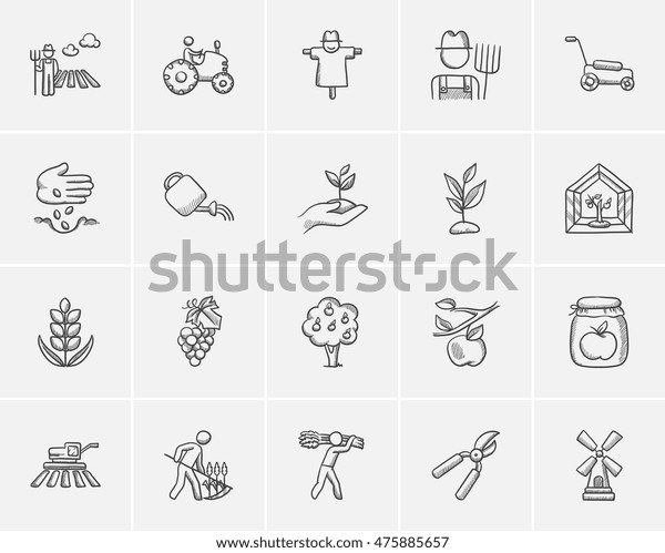 Agriculture sketch icon\
set for web, mobile and infographics. Hand drawn agriculture icon\
set. Agriculture vector icon set. Agriculture icon set isolated on\
white background.