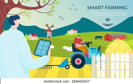 Agriculture smart farm digital technology, farmer at field vector illustration. Agricultural farming plant from tablet, business harvesting. Industry harvest data control in internet mobile app.