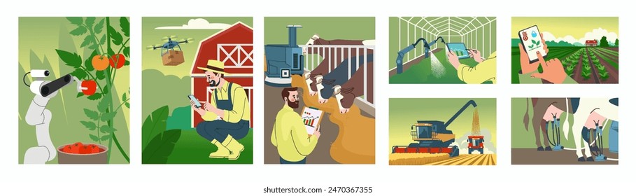 Agriculture smart farm. Remote drone. Cow milking. Vegetables growing in greenhouse. Mobile control technology. Farmers land. Field landscape. Agricultural innovation banners set. Vector background