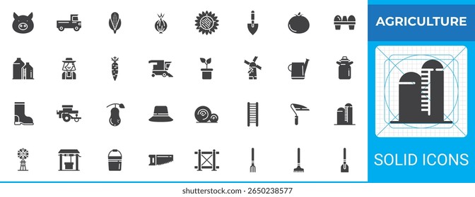 Agriculture solid glyph icons set. Vector farming symbols collection. This icon pack includes pig, barn, farmer, carrot, corn, windmill, tomato, boots, tractor, watering can, egg tray, milk can, silo
