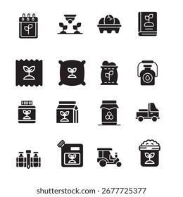 Conjunto de iconos sólidos de agricultura: agricultura, cosecha, tractor, planta, granero. Incluye tractor, granero, cultivos, trigo, maíz, árbol, vaca, agricultor, pala, lata de agua y símbolos del sol. Perfecto para proyectos agrícolas, org