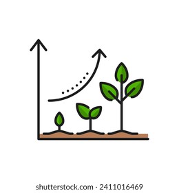 Agriculture sprout leaves, agronomy green plant seed, horticulture seedling thin line icon. Agronomy seedling cultivation, farming harvest line vector icon with plant growth in soil infographics