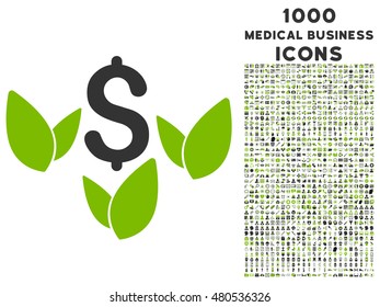 Agriculture Startup vector bicolor icon with 1000 medical business icons. Set style is flat pictograms, eco green and gray colors, white background.