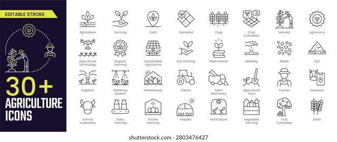 Agriculture Stroke icon collections. Containing agriculture, farming, farm, farmland, crop cultivation, harvest, agronomy, agri technology and organic farming icons. Editable Stroke icon collection Outline icon
