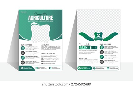 Plantilla de folletos de Asistencia y consultoría agrícola. Cuenta con un diseño limpio para soluciones agrícolas, preparación de tierras y servicios de alquiler de maquinaria.