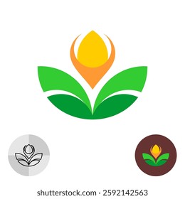 Agriculture symbol with plant green leaves and orange flower or fruit. Yoga or spa stylized logo. Floral elegant symmetry sign. Color and outline versions.