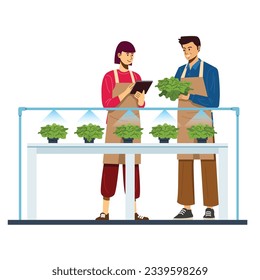 Agriculture technology, couple farmers checking vegetables in the glasshouse