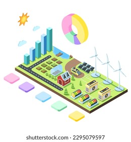 Agriculture technology, isometric illustration vector, Smart farming, solar farms, electric wind turbine, vegetable and fruit garden, glass house, eco green energy friendly, charts graphs and diagrams