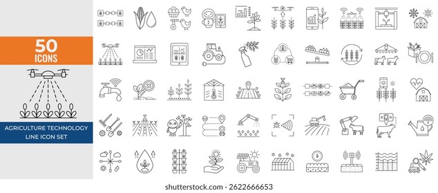 Agriculture technology line icon set, Precision Drones, Smart Robots, Tractors, Sensors, and Biotech in Clean Vector Lines