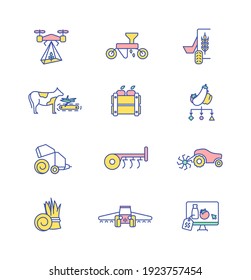 Agriculture technology RGB color icons set. Farming equipment. Machinery for planting seeds. Cultivating crops. Grow harvest. Feeding livestock. Irrigating farmland. Isolated vector illustrations