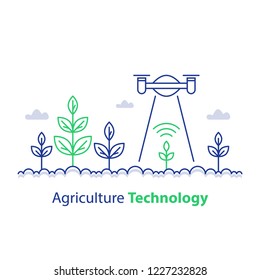 Agriculture technology, smart farming, plant stem and flying drone, innovation concept, automation solution, growth control, crop improvement, vector line icon