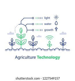 Agriculture technology, smart farming, plant stem and conditions report, infographic concept, automation solution, growth control, crop improvement, vector line icon