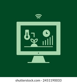 Agriculture Technology, Smart Farming Plant Monitoring Solid Icon, Data Processing Vector Line Flat Icon Design. Outline Digital Device Illustration with Plant, Text and Diagrams.