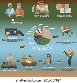 Agriculture technology. Stages of wool production. Sheep shearing, wool delivery, filature, yarn dressing, sale, knitting.