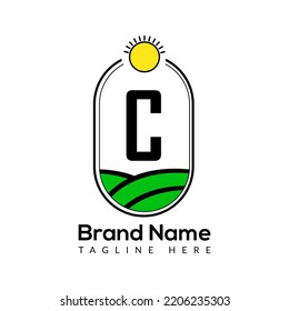 Agriculture Template On C Letter. Farmland Logo, Agro Farm, Eco farm logo design with sun icon Concept