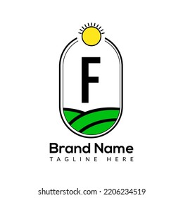 Agriculture Template On F Letter. Farmland Logo, Agro Farm, Eco farm logo design with sun icon Concept