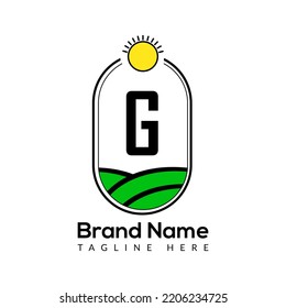 Agriculture Template On G Letter. Farmland Logo, Agro Farm, Eco farm logo design with sun icon Concept