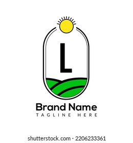 Agriculture Template On L Letter. Farmland Logo, Agro Farm, Eco farm logo design with sun icon Concept