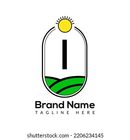 Agriculture Template On I Letter. Farmland Logo, Agro Farm, Eco farm logo design with sun icon Concept