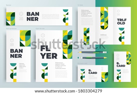 Agriculture theme minimal geometric Set flyer cover, tri-fold, banner, roll up banner, business card