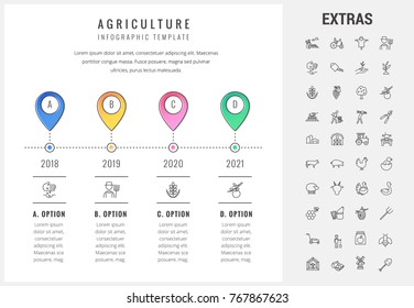 Agriculture timeline infographic template, elements and icons. Infograph includes options with years, line icon set with agriculture organic food, farm animal, agricultural business, farming tools etc
