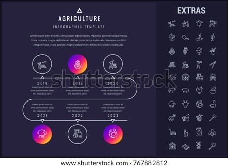 Agriculture timeline infographic template, elements and icons. Infograph includes years, line icon set with agriculture food, farm animals, agricultural business, farming tools, organic fruit etc.