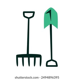 agriculture tools rake and shovel isolated