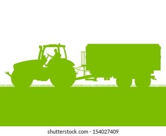 Agriculture tractor with corn trailer in cultivated country grain field landscape background illustration vector ecology concept