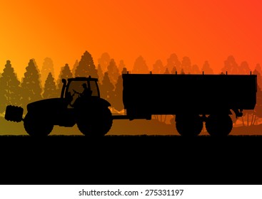Agriculture tractor with corn trailer in cultivated country grain field landscape background illustration vector ecology concept