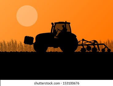 Agriculture tractor cultivating the land in cultivated country corn field landscape background illustration vector