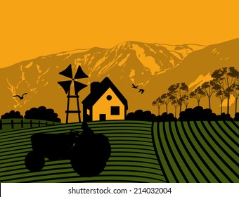 Agriculture tractor cultivating the land on farm landscape, vector illustration