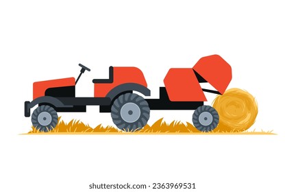 Agriculture tractor hay baler vector illustration. Cartoon isolated industrial red agri machine collecting yellow hay into round bale stacks on farm field, village equipment and agronomy machinery