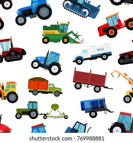 Agriculture tractor machine industrial farm equipment harvest machine tractors combines and farmers machinery excavators vector illustration seamless pattern background