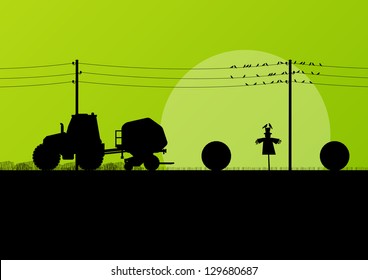 Agriculture tractor making hay bales in cultivated country fields landscape background illustration vector