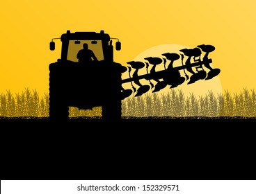 Agriculture tractor plowing the land in cultivated country corn field landscape background illustration vector