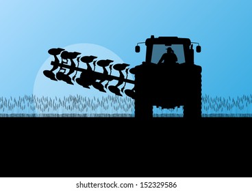 Agriculture tractor plowing the land in cultivated country grain field landscape background illustration vector