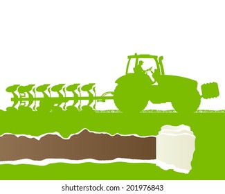 Agriculture tractor plowing the land in cultivated country grain field landscape background illustration vector ecology concept with ripped paper copy space