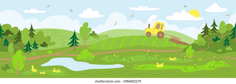 Agriculture. The tractor plows the land. Rural landscape with hills, forest, field and pond. Background for website, banner, advertising. Hand drawn illustration. Natural background