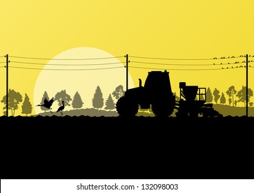 Agriculture tractor sowing crop in cultivated country field landscape background illustration vector