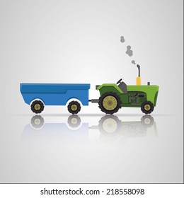 Agriculture tractor and trailer with reflection. Vector