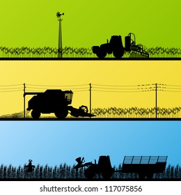 Agriculture tractors and harvesters in cultivated country fields landscape background illustration vector