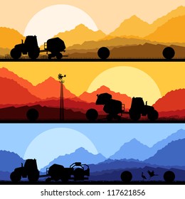 Agriculture tractors making hay bales in cultivated country fields landscape background illustration vector