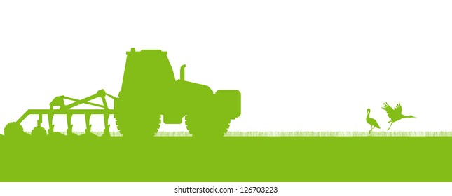 Agriculture tractors plowing the land in cultivated country fields ecology vector concept