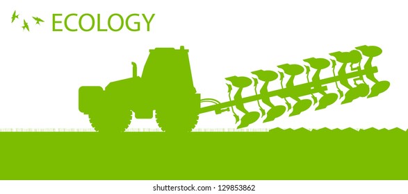 Agriculture tractors plowing the land in cultivated country fields ecology vector concept