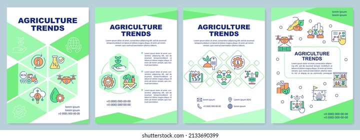 Agriculture trends green brochure template. Farming growth. Leaflet design with linear icons. 4 vector layouts for presentation, annual reports. Arial-Black, Myriad Pro-Regular fonts used