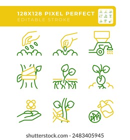 Agriculture two color line icons set. Soil cultivation. Growing crops. Rural development. Planting season bicolor outline iconset isolated. Duotone pictograms thin linear. Editable stroke