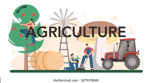 Agriculture typographic header. Farming food cultivation and production. Village groceries harvesting. Countryside animal husbandry. Isolated flat illustration