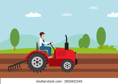 Agriculture vector concept: Farmer plowing the farmland with a tractor